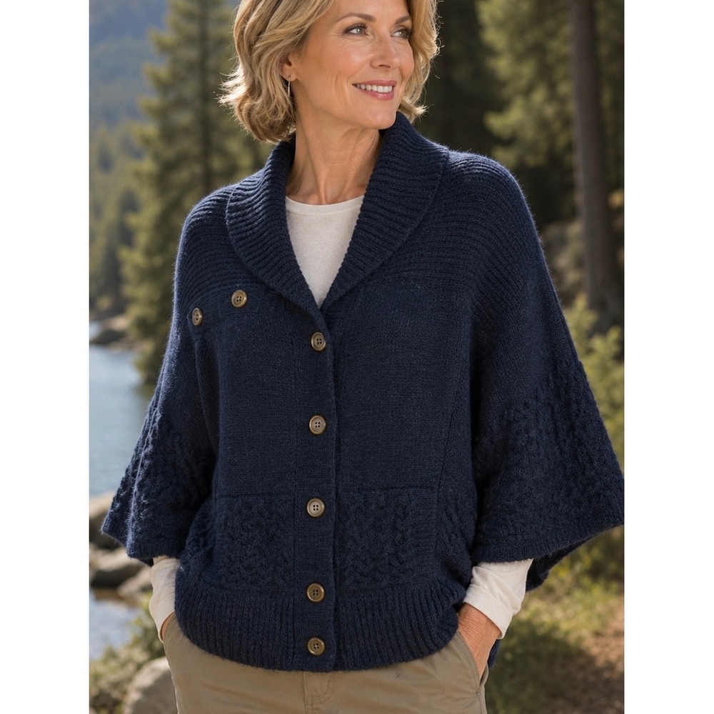 Vertigo Paris Navy Blue Alpaca Blend Poncho Cardigan Size L Shawl Collar Knit